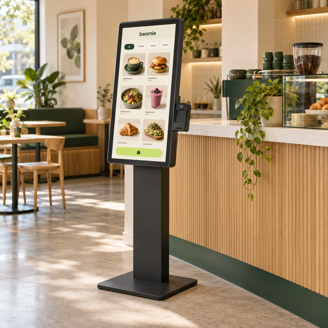 Illustrative freestanding self-order kiosk on a floor pedestal beside a café counter